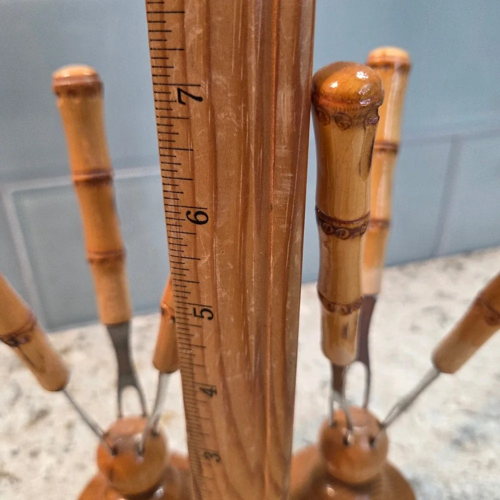 Vintage Heinz Reiffig Leipzig Bamboo Style Cocktail Pick Set Wood Base 6 Forks